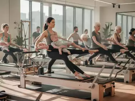 Verschiedene Personen, darunter eine junge Mutter mit Baby und eine ältere Frau, praktizieren Pilates auf Reformern und Matten in einem modernen Studio. - Foto: über boerse-global.de