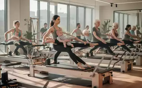 Verschiedene Personen, darunter eine junge Mutter mit Baby und eine ältere Frau, praktizieren Pilates auf Reformern und Matten in einem modernen Studio. - Foto: über boerse-global.de