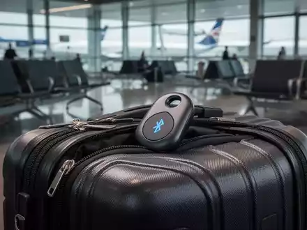 Ein schlanker Bluetooth-Tracker ist in einer modernen Reisetasche in einer Flughafenlounge sichtbar, symbolisiert Gepäcksicherheit. - Foto: über boerse-global.de