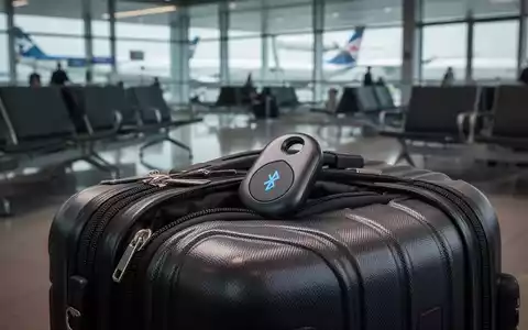 Ein schlanker Bluetooth-Tracker ist in einer modernen Reisetasche in einer Flughafenlounge sichtbar, symbolisiert Gepäcksicherheit. - Foto: über boerse-global.de