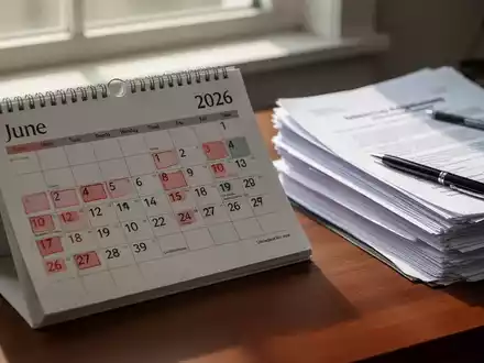 Ein Schreibtischkalender für Juni 2026 mit hervorgehobenen Daten, daneben juristische Dokumente und ein Stift, symbolisiert Urlaubsrecht. - Foto: über boerse-global.de