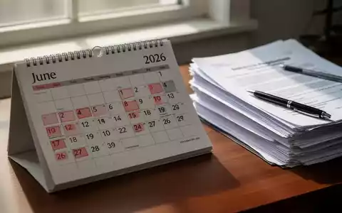 Ein Schreibtischkalender für Juni 2026 mit hervorgehobenen Daten, daneben juristische Dokumente und ein Stift, symbolisiert Urlaubsrecht. - Foto: über boerse-global.de