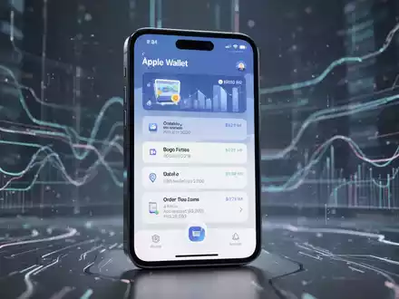 Ein iPhone zeigt die Apple Wallet App mit einer Bestellverfolgungsoberfläche, umgeben von digitalen Elementen, die KI und Daten darstellen. - Foto: über boerse-global.de