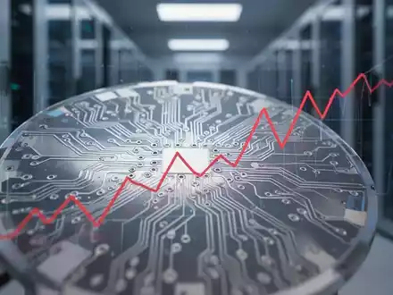 Nahaufnahme einer Siliziumwafer mit Schaltkreisen, die eine leicht rote Abwärtstrendlinie widerspiegelt, vor einem unscharfen Serverraum. - Foto: über boerse-global.de