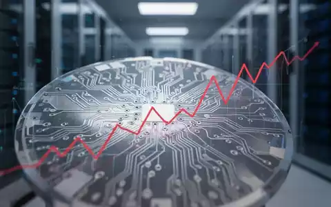 Nahaufnahme einer Siliziumwafer mit Schaltkreisen, die eine leicht rote Abwärtstrendlinie widerspiegelt, vor einem unscharfen Serverraum. - Foto: über boerse-global.de