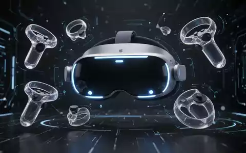 Futuristisches VR-Headset mit leuchtend blauen Akzenten, umgeben von transparenten Bewegungscontrollern und räumlichem Zubehör, auf dunklem Hintergrund. - Foto: über boerse-global.de