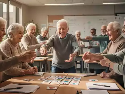Senioren nehmen an einem interaktiven Kurs teil, der Gedächtnistraining und leichte Bewegung kombiniert, in einem hellen Raum. - Foto: über boerse-global.de