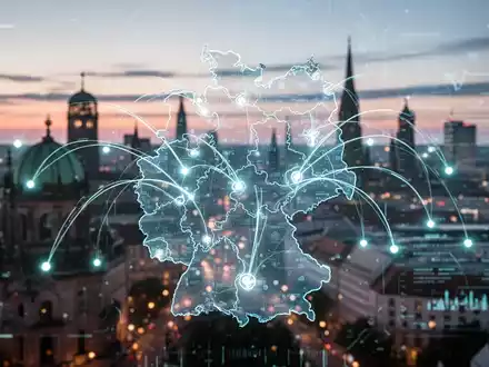 Leuchtende digitale Gesundheitsoberfläche mit abstrakten Linien, die Punkte auf einer verschwommenen deutschen Stadtsilhouette verbinden. - Foto: über boerse-global.de