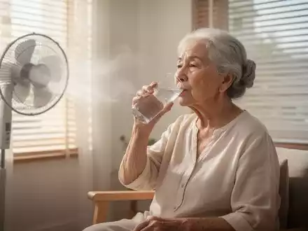 Eine ältere Frau trinkt Wasser in einem kühlen Raum mit einem Ventilator und geschlossenen Jalousien. Ruhe und Komfort. - Foto: über boerse-global.de