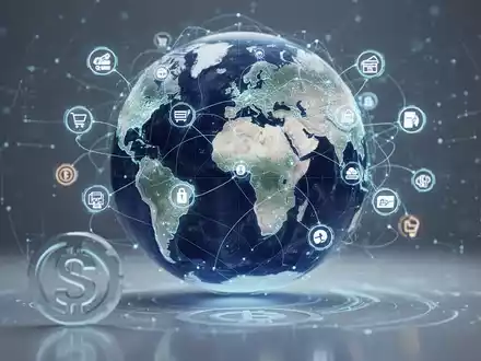 Digitale Weltkugel mit Zahlungssymbolen und Verbindungslinien, die globalen E-Commerce und diverse Zahlungsmethoden darstellt, mit Stablecoin-Symbol. - Foto: über boerse-global.de