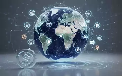 Digitale Weltkugel mit Zahlungssymbolen und Verbindungslinien, die globalen E-Commerce und diverse Zahlungsmethoden darstellt, mit Stablecoin-Symbol. - Foto: über boerse-global.de