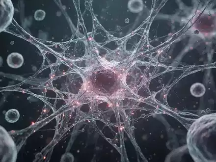 Mikroskopische Ansicht von feinen, leuchtenden, netzartigen Strukturen, die ein komplexes biologisches Gewebe darstellen. - Foto: über boerse-global.de