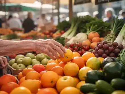 Eine Nahaufnahme der Hand einer älteren Person, die frisches Obst und Gemüse auswählt, um eine gesunde Ernährung zu symbolisieren. - Foto: über boerse-global.de