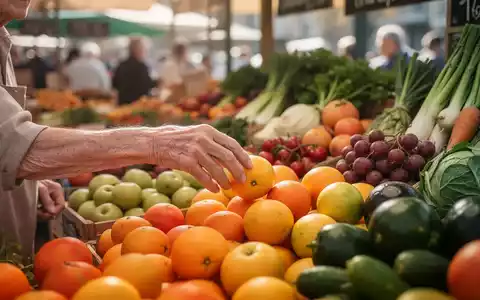Eine Nahaufnahme der Hand einer älteren Person, die frisches Obst und Gemüse auswählt, um eine gesunde Ernährung zu symbolisieren. - Foto: über boerse-global.de