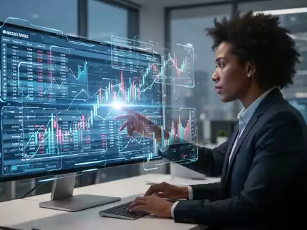 Finanzanalyst arbeitet mit leuchtendem, futuristischem Tabelleninterface mit Daten und Diagrammen. - Foto: über boerse-global.de