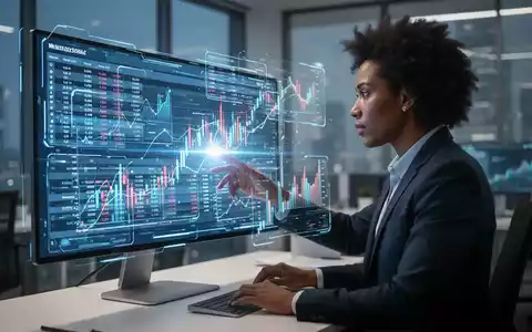 Finanzanalyst arbeitet mit leuchtendem, futuristischem Tabelleninterface mit Daten und Diagrammen. - Foto: über boerse-global.de