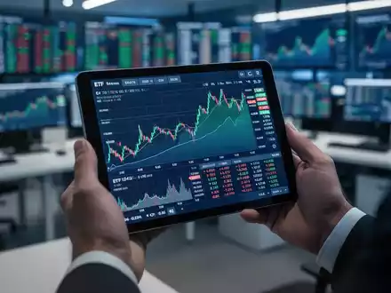 Hände halten ein Tablet mit Finanzdiagrammen und ETF-Daten. Im Hintergrund ein unscharfes modernes Büro. - Foto: über boerse-global.de
