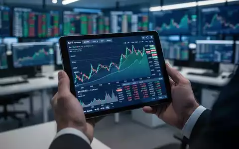 Hände halten ein Tablet mit Finanzdiagrammen und ETF-Daten. Im Hintergrund ein unscharfes modernes Büro. - Foto: über boerse-global.de