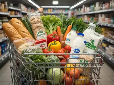 Ein Einkaufswagen, gefüllt mit frischen Lebensmitteln wie Brot, Gemüse und Milchprodukten, in einem Supermarkt. - Foto: über boerse-global.de