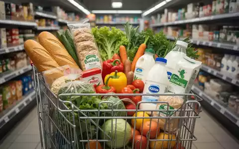 Ein Einkaufswagen, gefüllt mit frischen Lebensmitteln wie Brot, Gemüse und Milchprodukten, in einem Supermarkt. - Foto: über boerse-global.de