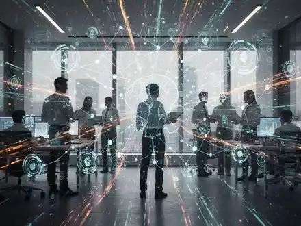 Abstrakte Darstellung von Produktivität mit digitalen Elementen und menschlichen Silhouetten, die die Integration von KI und Arbeit symbolisieren. - Foto: über boerse-global.de