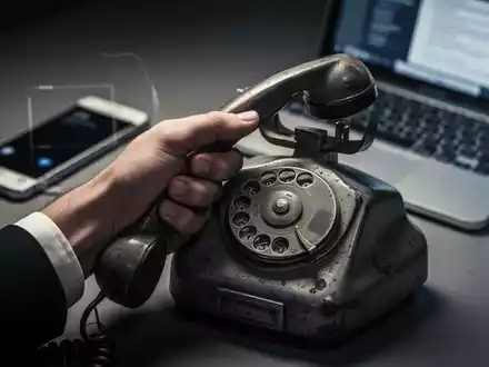 Eine Hand hält ein altes Wähltelefon, im unscharfen Hintergrund sind ein Smartphone und ein Laptop zu sehen. Symbolisiert Telefonbetrug. - Foto: über boerse-global.de