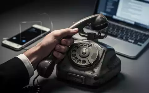 Eine Hand hält ein altes Wähltelefon, im unscharfen Hintergrund sind ein Smartphone und ein Laptop zu sehen. Symbolisiert Telefonbetrug. - Foto: über boerse-global.de