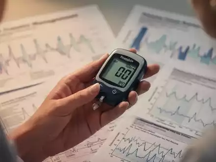 Nahaufnahme einer weiblichen Hand, die ein Blutzuckermessgerät hält, mit verschwommenen medizinischen Diagrammen im Hintergrund. - Foto: über boerse-global.de