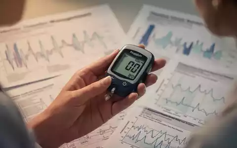 Nahaufnahme einer weiblichen Hand, die ein Blutzuckermessgerät hält, mit verschwommenen medizinischen Diagrammen im Hintergrund. - Foto: über boerse-global.de