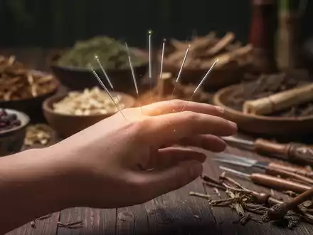 Nahaufnahme einer Hand mit Akupunkturnadeln, im Hintergrund verschwommen traditionelle chinesische Kräuter und Instrumente. - Foto: über boerse-global.de