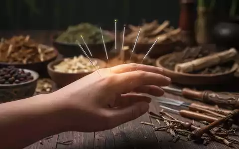 Nahaufnahme einer Hand mit Akupunkturnadeln, im Hintergrund verschwommen traditionelle chinesische Kräuter und Instrumente. - Foto: über boerse-global.de