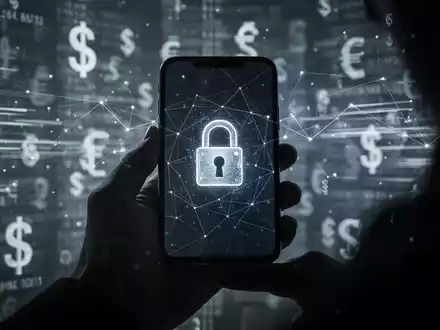 Eine Hand hält ein Smartphone mit einem digitalen Schloss-Symbol, umgeben von abstrakten Datenströmen, die Cyberkriminalität darstellen. - Foto: über boerse-global.de