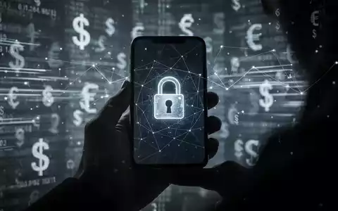 Eine Hand hält ein Smartphone mit einem digitalen Schloss-Symbol, umgeben von abstrakten Datenströmen, die Cyberkriminalität darstellen. - Foto: über boerse-global.de
