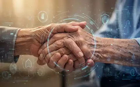 Eine sanfte Hand hält die Hand eines älteren Menschen, mit einer subtilen digitalen Benutzeroberfläche, die KI-Unterstützung andeutet. - Foto: über boerse-global.de