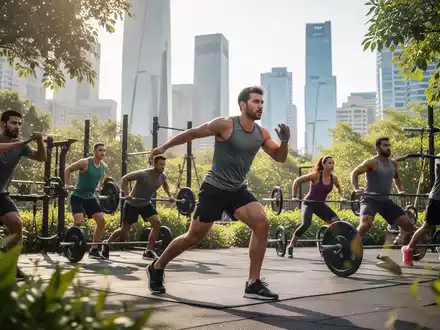 Eine vielfältige Gruppe von Menschen, die draußen funktionelle Fitnessübungen machen, mit einer modernen Stadtkulisse im Hintergrund. - Foto: über boerse-global.de
