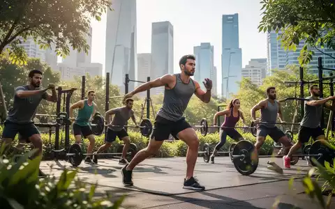 Eine vielfältige Gruppe von Menschen, die draußen funktionelle Fitnessübungen machen, mit einer modernen Stadtkulisse im Hintergrund. - Foto: über boerse-global.de