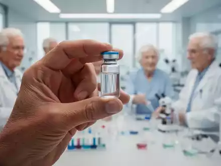 Eine Hand hält ein kleines Glasfläschchen mit einer klaren Flüssigkeit. Im Hintergrund verschwommen ein Labor und ältere Menschen. - Foto: über boerse-global.de