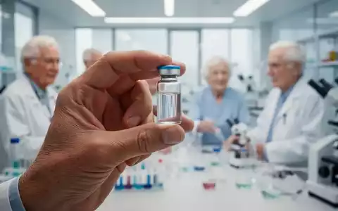 Eine Hand hält ein kleines Glasfläschchen mit einer klaren Flüssigkeit. Im Hintergrund verschwommen ein Labor und ältere Menschen. - Foto: über boerse-global.de
