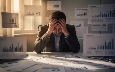 Eine Person sitzt mit dem Kopf in den Händen an einem Schreibtisch, umgeben von Finanzdokumenten, die Stress symbolisieren. - Foto: über boerse-global.de