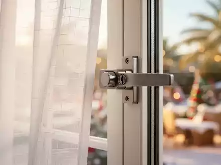Ein Nahaufnahme eines modernen, sicheren Fensterverschlusses an einem weißen Fensterrahmen mit einem unscharfen sonnigen Hintergrund. - Foto: über boerse-global.de