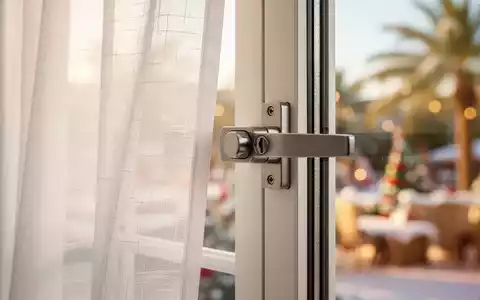 Ein Nahaufnahme eines modernen, sicheren Fensterverschlusses an einem weißen Fensterrahmen mit einem unscharfen sonnigen Hintergrund. - Foto: über boerse-global.de