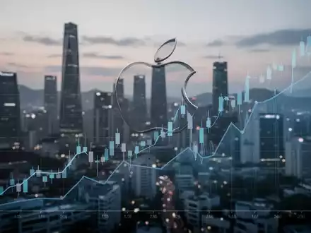 Ein stilisierter, abwärts gerichteter Börsen-Chart mit einem angedeuteten Apple-Logo vor einer verschwommenen Seouler Skyline bei Dämmerung. - Foto: über boerse-global.de