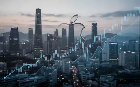 Ein stilisierter, abwärts gerichteter Börsen-Chart mit einem angedeuteten Apple-Logo vor einer verschwommenen Seouler Skyline bei Dämmerung. - Foto: über boerse-global.de