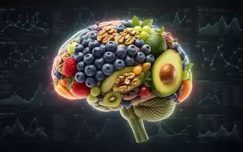 Ein stilisiertes Gehirn aus frischen Früchten und Gemüse, umgeben von verschwommenen wissenschaftlichen Daten, symbolisiert Gedächtnis und Ernährung. - Foto: über boerse-global.de