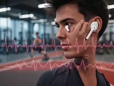Nahaufnahme einer Person mit Apple AirPods Pro, dezente digitale Überlagerung mit Herzfrequenz-Diagramm. - Foto: über boerse-global.de
