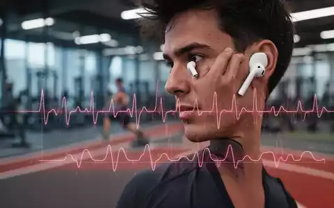 Nahaufnahme einer Person mit Apple AirPods Pro, dezente digitale Überlagerung mit Herzfrequenz-Diagramm. - Foto: über boerse-global.de