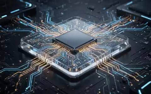 Nahaufnahme eines leuchtenden, futuristischen Mikrochips mit komplexen blauen und goldenen Schaltkreisen, die fortschrittliche KI und Verarbeitungsgeschwindigkeit symbolisieren. - Foto: über boerse-global.de