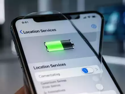 Nahaufnahme eines iPhone-Bildschirms mit Ortungsdiensten und Batteriesymbol, symbolisiert Batterieoptimierung. - Foto: über boerse-global.de