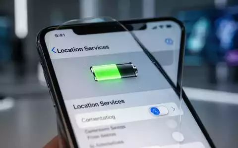 Nahaufnahme eines iPhone-Bildschirms mit Ortungsdiensten und Batteriesymbol, symbolisiert Batterieoptimierung. - Foto: über boerse-global.de