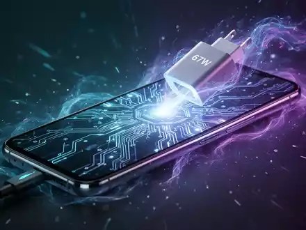 Schlankes, futuristisches Smartphone mit leuchtendem Bildschirm, an Schnellladegerät, umgeben von ätherischer Energie. - Foto: über boerse-global.de